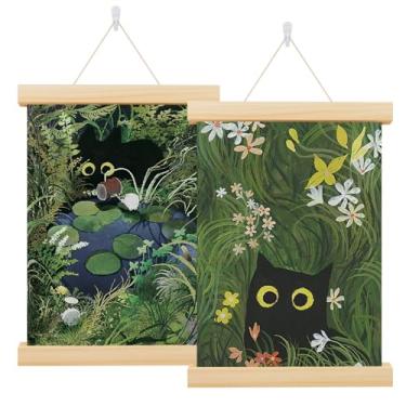 Imagem de Zeeko Cartazes magnéticos vintage pendurados de gato, pôster pendurado com molduras de madeira, arte decorativa de parede pronta para pendurar, arte de parede de gato, impressões de arte de parede
