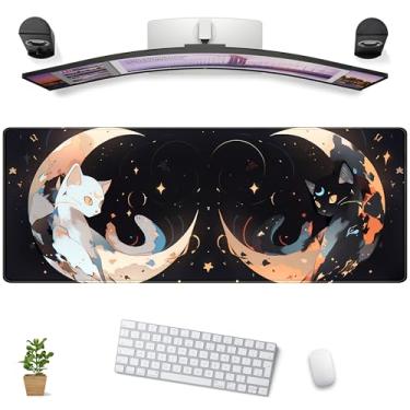 Imagem de Tapete de mesa para gatos pretos e brancos, tapete de rato de anime, tapete de rato kawaii, lua, GG, grande, tapete de rato estendido para secretária, teclado de computador, tapete de rato para