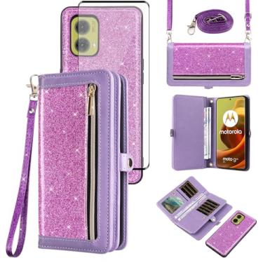 Imagem de Asuwish Capa carteira compatível com Motorola Moto G85 5G e protetor de tela de vidro temperado, capa flip de couro com glitter, zíper e suporte de cartão, acessórios para celular, capas de telefone