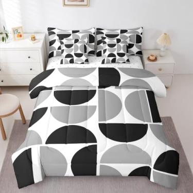 Imagem de Erosebridal Jogo de cama queen cinza e preto, 7 peças, retrô, de meados do século, para crianças e adultos, geométrico, vintage, arte abstrata, moderno, conjunto de cama