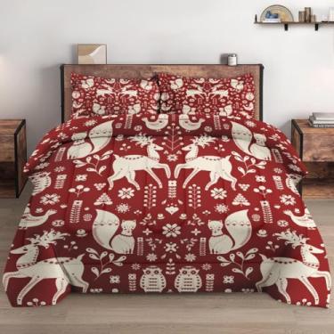 Imagem de WeCozy Conjunto de edredom de tamanho casal com 2 fronhas, animal vermelho, rena, flor de Natal, macio, 3 peças para decoração de quarto de crianças e adultos