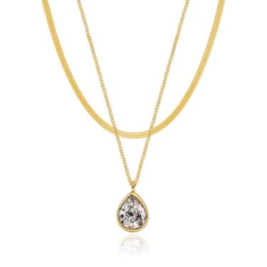 Imagem de M.DUN - Colar em camadas para mulheres, correntes de aço inoxidável de 2 fios com pingente de trevo, borboleta ou coração, joia elegante para presente, 16inch, Rasin cor ônix, Zircônia cúbica