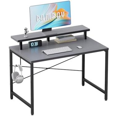 Imagem de Pamray Mesa de computador pequena de 81 cm com suporte para monitor, mesa de escritório simples com gancho de fone de ouvido para espaços pequenos, mesa de estudo infantil para quarto, cinza