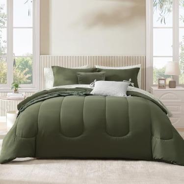 Imagem de Monbix Conjunto de edredom King Size – 7 peças de cama king size, conjunto de cama king com costura de trilha verde oliva para todas as estações, conjunto de cama com lençóis, fronhas e fronhas