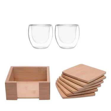 Imagem de Kit Porta 6 Copos De Bambu + Par De Copos Borossilicato