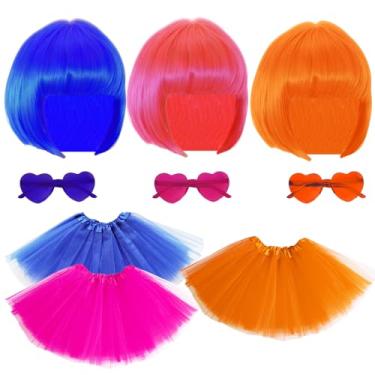 Imagem de 3 conjuntos de saia tutu feminina, acessórios para fantasia dos anos 80, vestido tutu colorido de 5 camadas para festa de Halloween (Tutu com peruca combinando e óculos de sol em forma de coração)