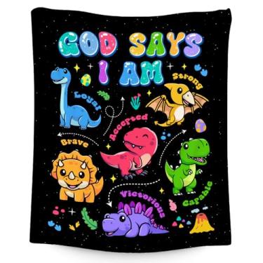 Imagem de Cobertor de dinossauro para meninos, presentes de dinossauro para amantes de dinossauros, cobertor infantil God Says I Am para crianças, presentes inspiradores para filho, cobertores infantis de