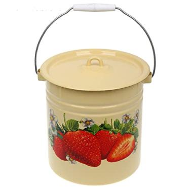 Imagem de Balde de gelo esmaltado em aço inoxidável com tampa "Morango" 12,7 Qt/12 L, balde de água de gelo grande esmaltado vintage amarelo com tampa, balde de gelo externo esmaltado antigo com alça