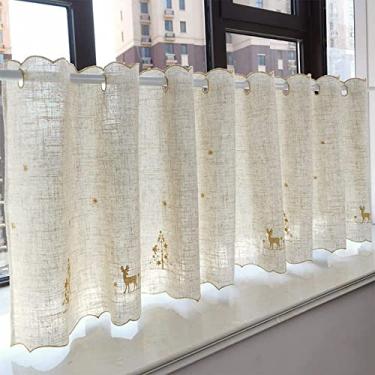 Imagem de QLDFX Cortina de cozinha curta cortina de cozinha de linho e algodão, meia cortina com renda cortina opaca com bordado cortina curta bege - branca com bolso para bar, estilo pastoral L140 cm