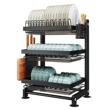 Imagem de AKALNNB Escorredor de pratos de cozinha, escorredor de pratos de 2/3 níveis com suporte de copo de bandeja coletora, escorredor de pratos com suporte de utensílios, grande capacidade para bancada de