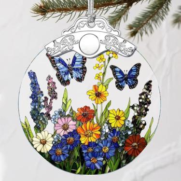 Imagem de Enfeite de Natal com flor de borboleta de vitral: enfeites e decoração de árvore de Natal, decoração de férias - presentes de férias, ideias de presentes e presentes para amigos, colegas de trabalho e