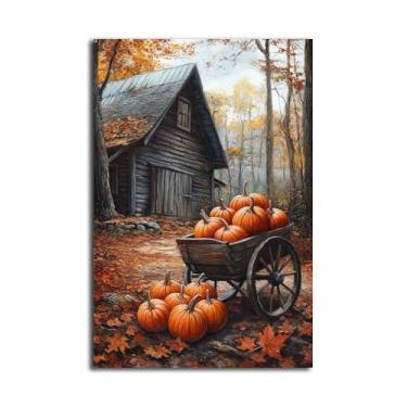 Imagem de MNFGMH Arte de parede de celeiro de abóbora de fazenda, estampa de abóboras de outono, pintura de outono de campo para impressão, decoração de Halloween de outono, folhagem de outono, rolo de tela