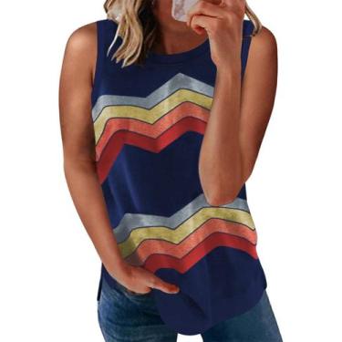 Imagem de Camiseta regata feminina Biucly 2025, cor de verão, listrada, azul