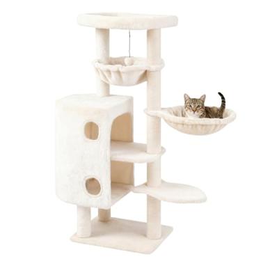 Imagem de Árvore para gatos com dois condomínios e duas redes, postes para arranhar, torre para gatos de vários níveis com poleiro espaçoso, torre de árvore para gatos internos, móveis para gatos que economizam