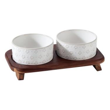 Imagem de Havniva Conjunto de tigelas duplas elevadas para gatos de 3,6 xícaras com suporte de madeira de acácia, tigelas de cerâmica para comida e água para gatos, filhotes, gatinhos, tigelas para animais de