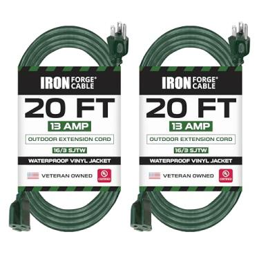 Imagem de Iron Forge 20 Ft Extension Cord 2 Pack, 16/3 Green 20 Foot Extension Cord Indoor/Outdoor Use, 3 Prong, Weatherproof Exterior Extension Cord, Great for Garden, Landscaping, Lawn Mower, US Veteran Owned