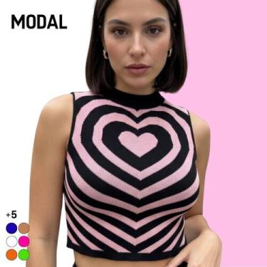 Imagem de Blusa Cropped Regata Sem Manga Feminina Modal Estampa de Coração - Vit