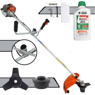 Imagem de Roçadeira Aparador de Grama À Gasolina Vulcan VR330P 33cc 1,2HP Completa Com Guidão Anti-Vibração Carretel Nylon + Lâmina 3 Pontas + ÓLEO STIHL 2T