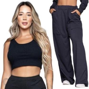 Imagem de Conjunto Cropped Regata Canelado + Calça Pantalona Wide Leg Vekyo Blusa Regata Flare Moletinho-Feminino