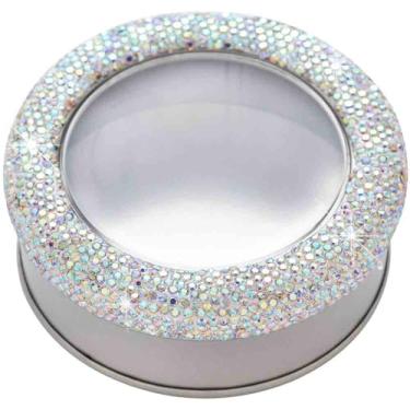 Imagem de MINGZAIQIPEI Caixa de metal de alumínio com strass brilhante, tampa transparente com tampas, mini estojo de armazenamento portátil para velas domésticas, doces, presentes, bálsamos e tesouros