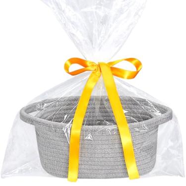 Imagem de Cesta de armazenamento pequena com saco de presente e fita, mini cesta, linda cesta de tecido de corda de algodão, cesta de prateleira, cesta decorativa boho, cesta de presente vazia