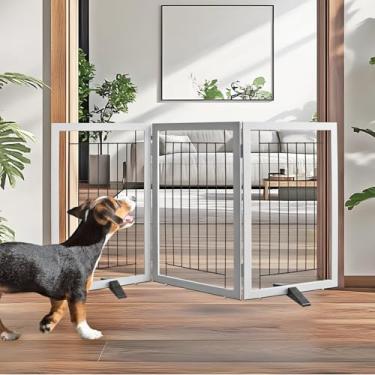 Imagem de ZJSF Portão interno independente para cães, cerca dobrável para portas, corredores ou escadas, portão extra largo de madeira resistente para animais de estimação com pés de apoio, cinza, 81 cm de