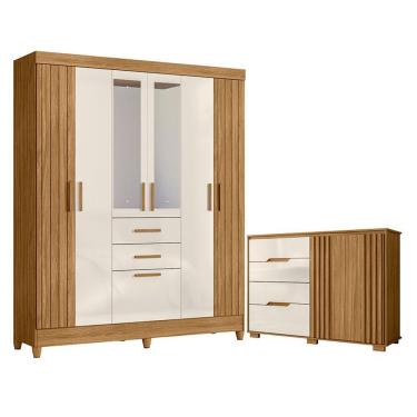 Imagem de Guarda Roupa Solteiro Malta Com Espelho E Cômoda Texas Freijó Off White - Moval