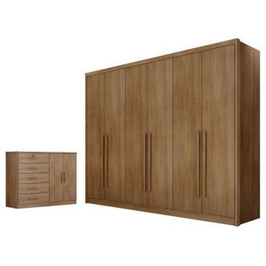 Imagem de Guarda Roupa Casal e Cômoda Seul Cumaru 23 6 Portas Giratórias 8 Gavetas em MDF com Cor...