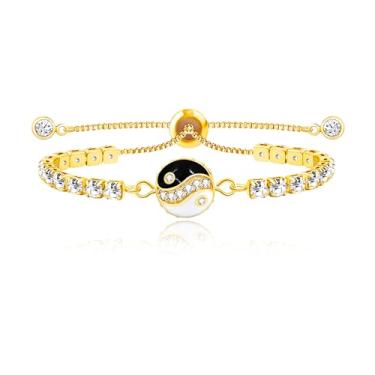 Imagem de Oneress Pulseira Yin Yang - joia de equilíbrio espiritual de zircônia cúbica incrustada em latão, presente ajustável para casais com cura de energia Feng Shui YA5461, Elegant Adjustable Bracelet