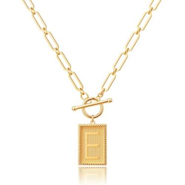 Imagem de Robaice Colar feminino banhado a ouro 14K, pingente de alfabeto personalizado com gravação inspiradora, corrente de clipe de papel, joia que não mancha, presente para ela, 18'' + 2'' extender, Metal