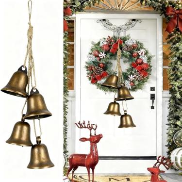 Imagem de Sinos vintage de metal com corda de pendurar de juta, sino decorativo de vaca para casamentos, festas e guirlandas de Natal