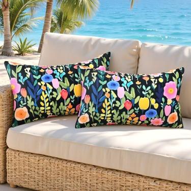 Imagem de Cythasily 2 conjuntos de capas de almofada para ambientes externos à prova d'água 30,5 x 50,8 cm, capas de almofada quadradas para primavera, verão, jardim, barraca, varanda, banco, sofá, pátio, flor