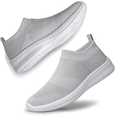 Imagem de vibdiv Tênis de caminhada feminino, casual, leve, confortável, respirável, sem fecho, Zapatillas de Mujer, Cinza claro e branco, 36