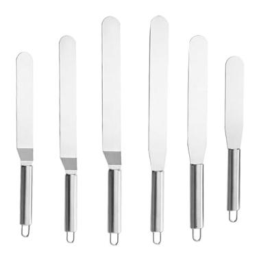 Imagem de Conjunto de 6 espátulas para bolo com lâmina de aço inoxidável de 15 cm, 20 cm, 25 cm, espátula de aço inoxidável reta e angular para decoração de bolos, faca de cobertura espessa para decoração de
