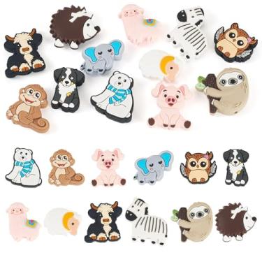 Imagem de 12 peças de contas de silicone de animais de desenho animado, gado, cão, urso, macaco, porco, ovelha, borracha, espaçador, contas para canetas, chaveiros, colares, acessórios, joias, artesanato