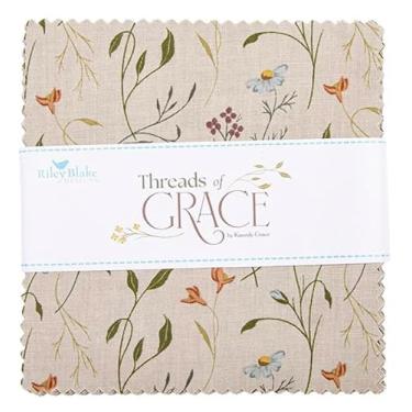 Imagem de Riley Blake Designs Threads of Grace Empilhador de 12,7 cm por Kassidy Grace | 42 quadrados de tecido pré-cortados | Algodão acolchoado floral | Inspirado por Lori Holt | Estampas modernas vintage