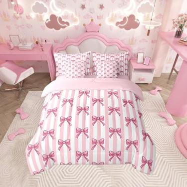Imagem de jejeloiu Conjunto de edredom solteiro com laço rosa com laço para crianças, meninos, meninas, 7 peças, com laço colorido, microfibra leve e macia