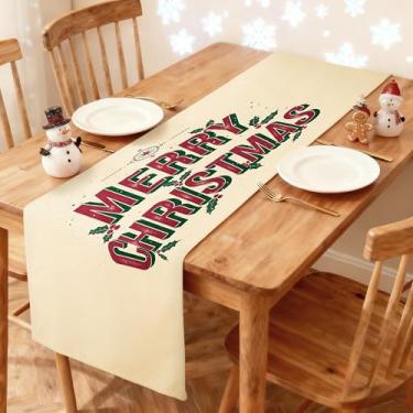 Imagem de Caminho de mesa de Natal 33 x 91 cm - Decoração de mesa de jantar de cozinha de inverno impressa Feliz Natal com corredor de azevinho para decoração de casa de férias festivas