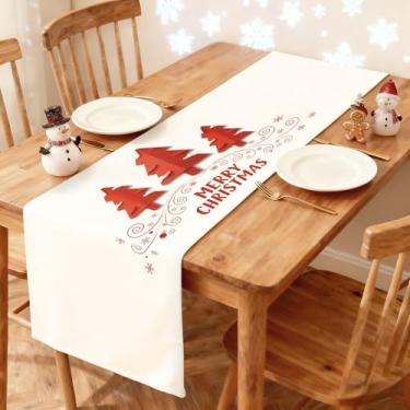 Imagem de Caminho de mesa de Natal 33 x 91 cm - Decoração de mesa de jantar de cozinha de inverno estampada vermelho neve árvores de Natal corredor para decoração de casa de férias festivas