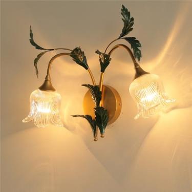 Imagem de Luminária de parede estilo pastoral americano, criativa e francesa, para sala de estar, quarto, corredor, casa de campo, com LED e formato de flor (1 unidade com 2 lâmpadas).