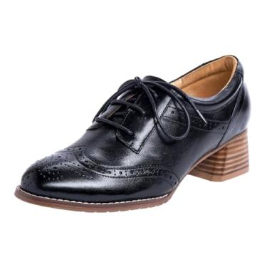 Imagem de Mona flying Sapato social feminino de couro com salto alto oxfords salto médio com cadarço para mulheres, Preto, 37