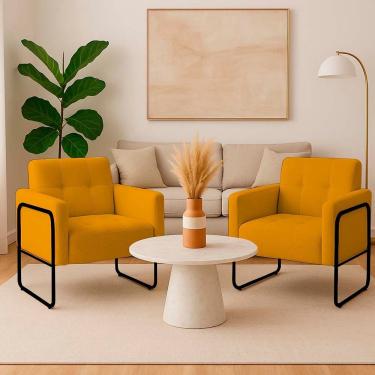 Imagem de Poltrona Sala Industrial Alta Tubo Preto Kit 2 Elisa Bouclê D03 - D'rossi Cor Mostarda