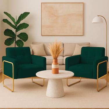 Imagem de Poltrona Sala Industrial Alta Tubo Dourado Kit 2 Elisa Bouclê D03 - D'rossi Cor Verde