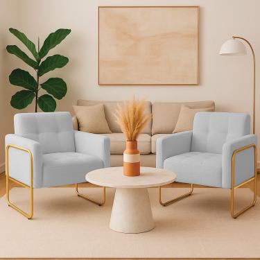 Imagem de Poltrona Sala Industrial Alta Tubo Dourado Kit 2 Elisa Bouclê Cinza D03 - D'rossi