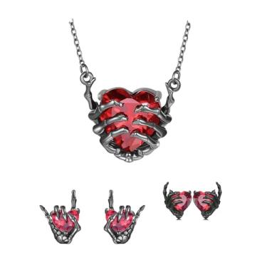 Imagem de Lutujv Joias góticas presentes para mulheres, crânio e coração vermelho conjunto de joias de zircão incluído colar com 2 pares de brincos, Halloween, Natal, punk gótico escuro moda para mulheres Ela