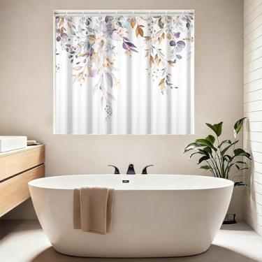 Imagem de Cortina de chuveiro curta, cortina de chuveiro com folhas de eucalipto marrom roxo para banheira ou banheira, cortina de chuveiro de tecido impermeável floral de plantas em aquarela com ganchos 182 x