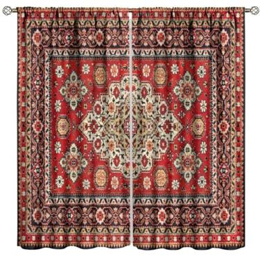 Imagem de Cortinas florais vintage boho vermelho retrô flor rústica casa de fazenda padrão abstrato cortinas de janela para quarto sala de estar cozinha café (L50 x C 114 cm) x 2 decoração