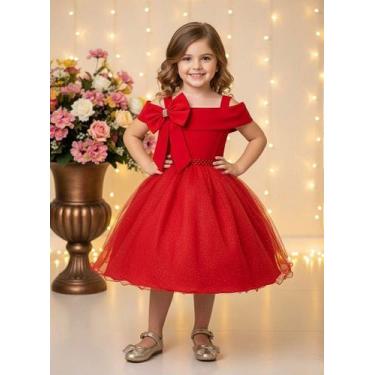 Imagem de Vestido Infantil de Alça Vermelho com Saia Glitter e Broche para Festa