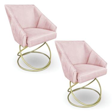 Imagem de Kit 2 Poltronas Luxo Alana Suede Rosa Bebê Base De Ferro Dourado - Pallazio