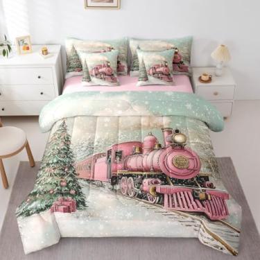 Imagem de Erosebridal Conjunto de edredom solteiro de trem de Natal rosa com lençol fofo de árvore de Natal, 7 peças, para crianças, meninos, meninas, inverno, floco de neve, conjunto de edredom